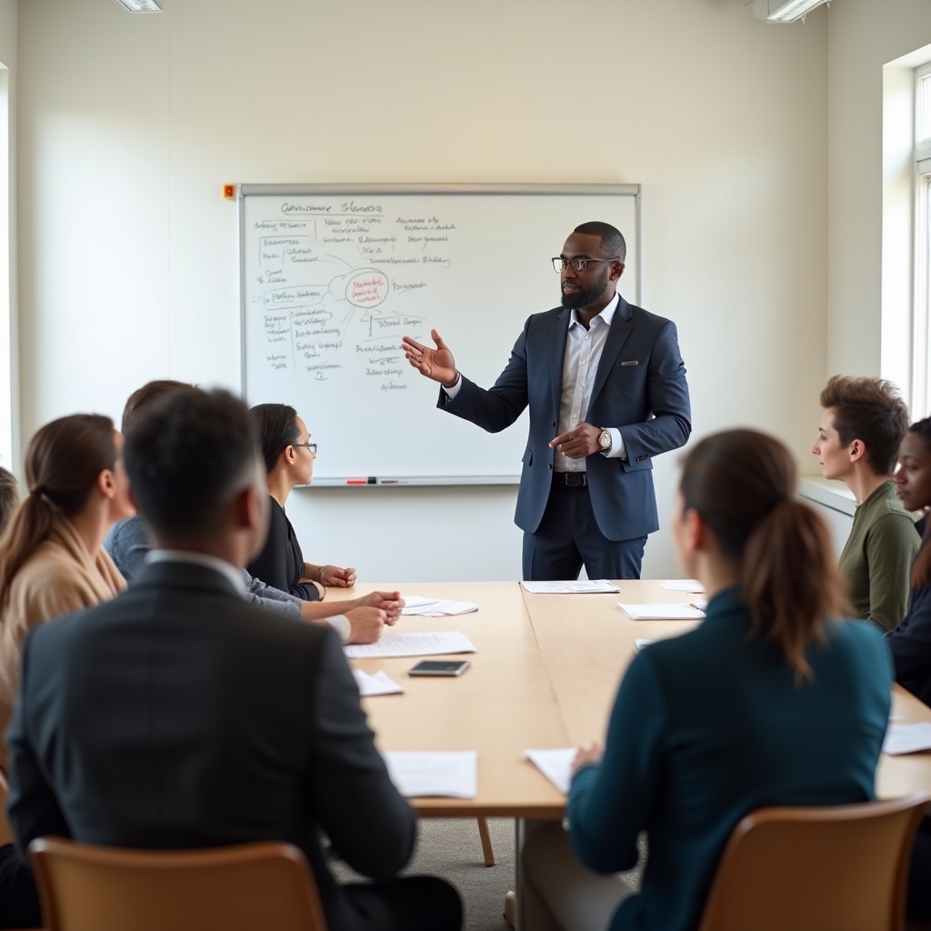 Facilitatore che introduce il metodo di lavoro collaborativo a un gruppo di nuovi partecipanti in una sala luminosa