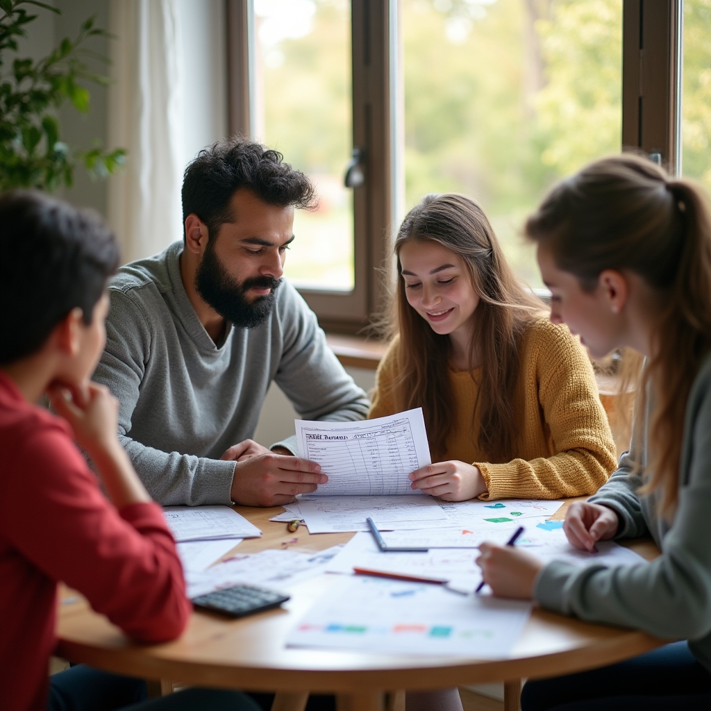 Famiglia composta da genitori e figli adolescenti seduti attorno a un tavolo durante un workshop educativo sulla pianificazione economica familiare